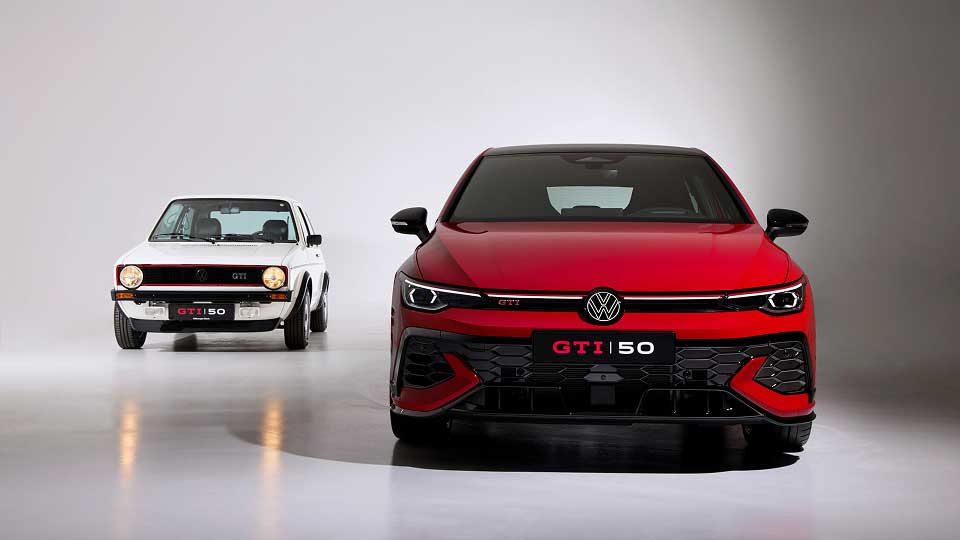 Front view of the Mk1 Golf GTI in the background and thew new Golf GTI 50 in foreground